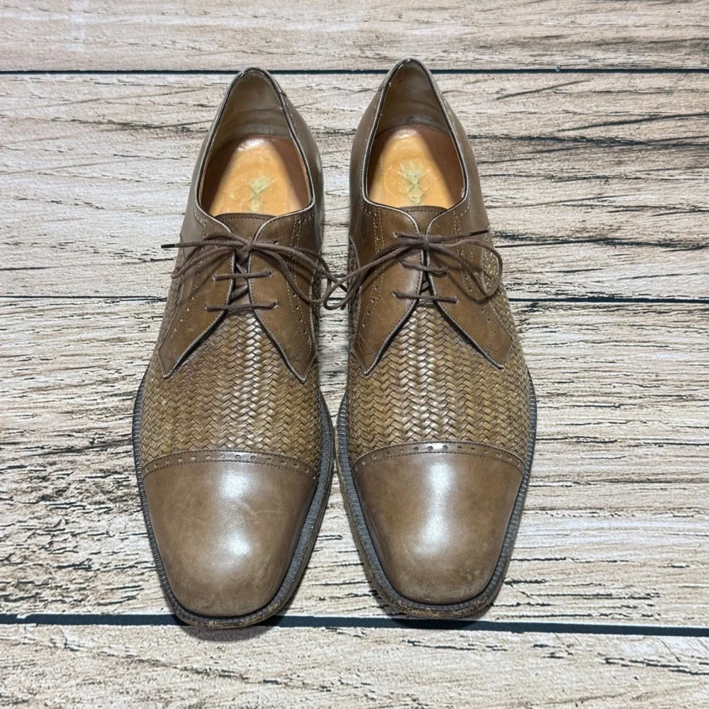Salvatore Ferragamo Oxford Dress Shoes Mens 13 B Brown Woven Leather Italy 9555